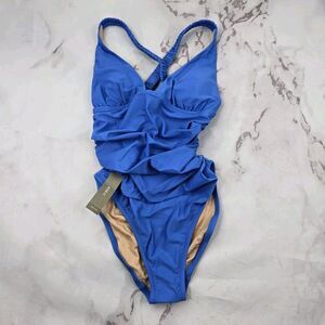 J Crew One Piece 0 XS Blue Scrunchie Plunge Ruched Bikini High Cut Swim Suit